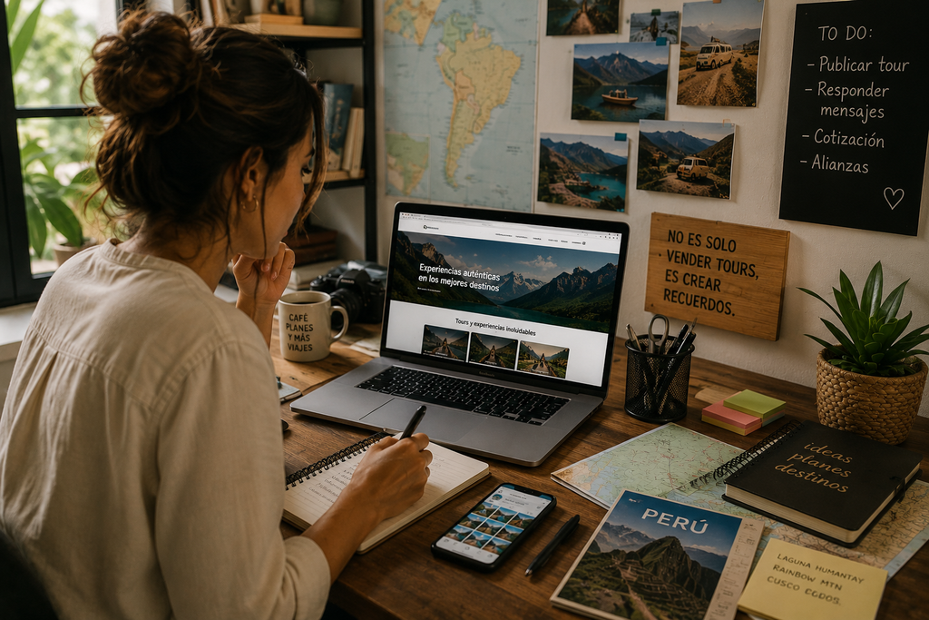 Agencia de viajes gestionando su página web y experiencias turísticas