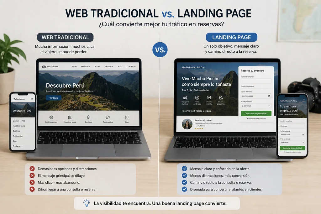 Comparación entre página web y landing page para una agencia de viajes